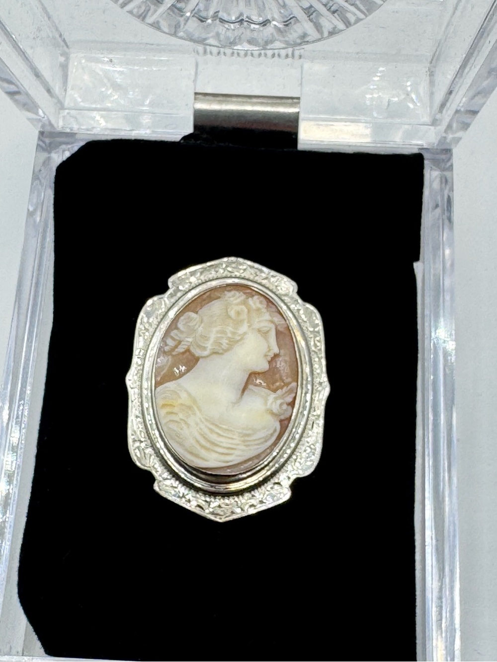 Vintage 14K White Gold & Real Shell Cameo Pin Brooch - Picture 2 of 13